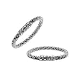 Sterling silver woven chain bracelet with textured clasp and oxidized finish handcrafted in Bali